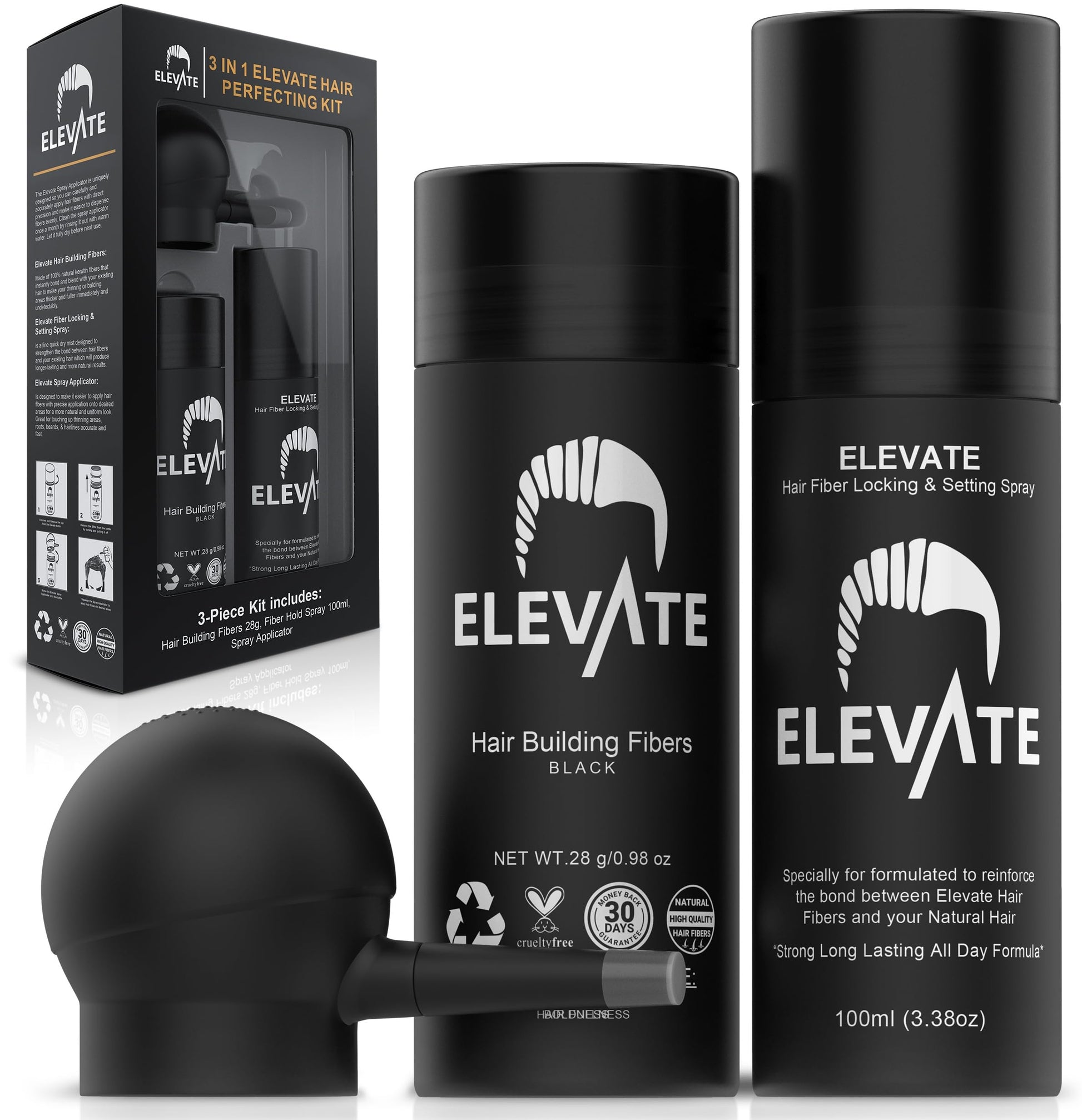 ELEVATE Hair Perfecting 3-in-1 Kit Set Includes Natural Thickening Fibers, Applicator Pump Nozzle & Locking Hold Spray | Instantly Conceal Balding Areas (Dark Brown)