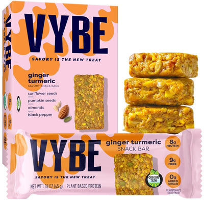 Vybe Snacks Savory Nutrition Bars Turmeric Ginger Flavor | Plant Based Vegan, Zero Added Sugar, Gluten Free, Keto Friendly, No Artificial Ingredients, Organic, 8-9 gm Protein & Gut Friendly Fiber Crunchy & Delicious (Box of 12, 45g each)
