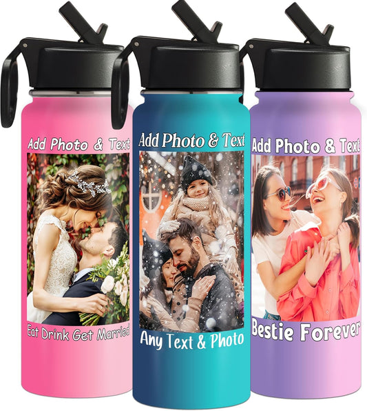 Custom Water Bottle with Photo, 18/32 oz Personalized Picture Stainless Steel Sports Water Bottle for Kids Men Women, Customize Double Wall Vacuum Insulated Bottle Birthday Gifts Water Bottle