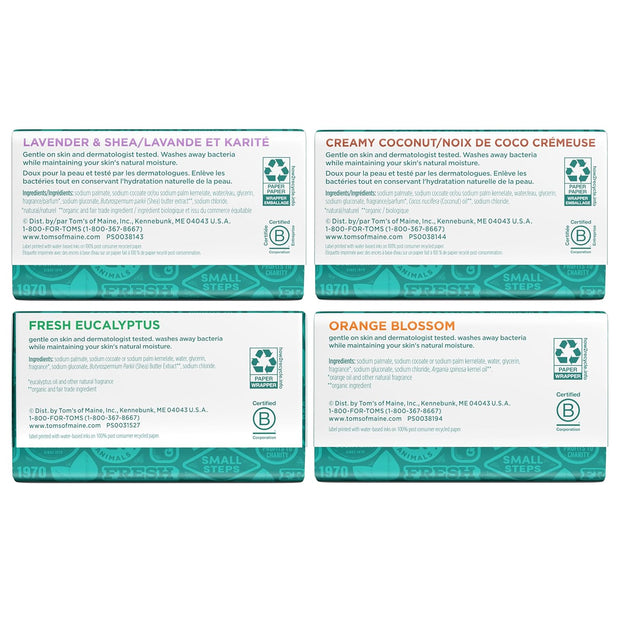 Tom's of Maine Bar Soap Variety Pack, Natural Bar Soap for Women and Men, Lavender & Shea, Fresh Eucalyptus, Creamy Coconut, Orange Blossom, 5 oz Bars (4-Pack)