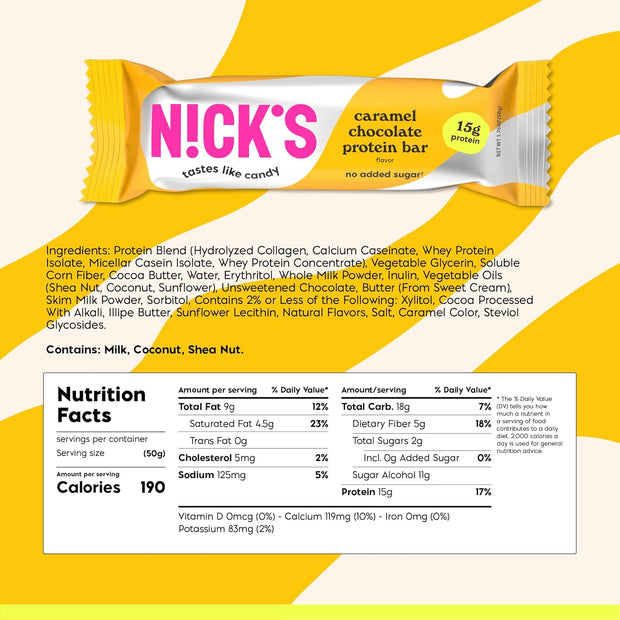 Nick’s Chocolate Caramel Protein Bars – 12-Count Box | High Protein, Low Calories, Low Carbs, Keto Friendly, No Added Sugar