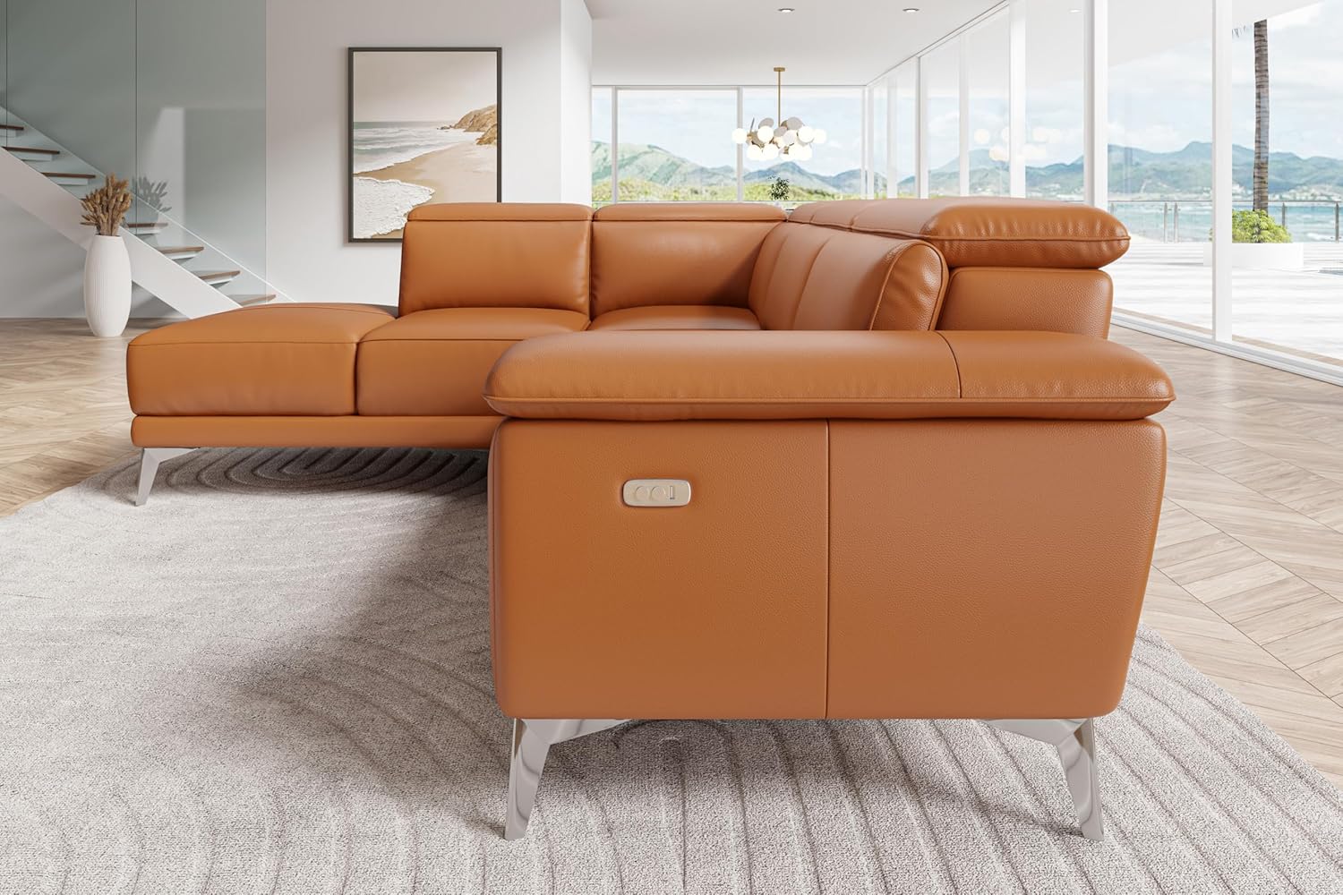 Valencia Pista Full Leather Left Chaise Sofa 112.5" | Italian Nappa Leather Modern Cloud Couch for Living Room/Apartment Furniture | Power Recliner, Ultimate Comfort, Cognac