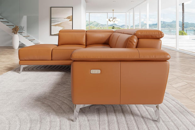 Valencia Pista Full Leather Left Chaise Sofa 112.5" | Italian Nappa Leather Modern Cloud Couch for Living Room/Apartment Furniture | Power Recliner, Ultimate Comfort, Cognac