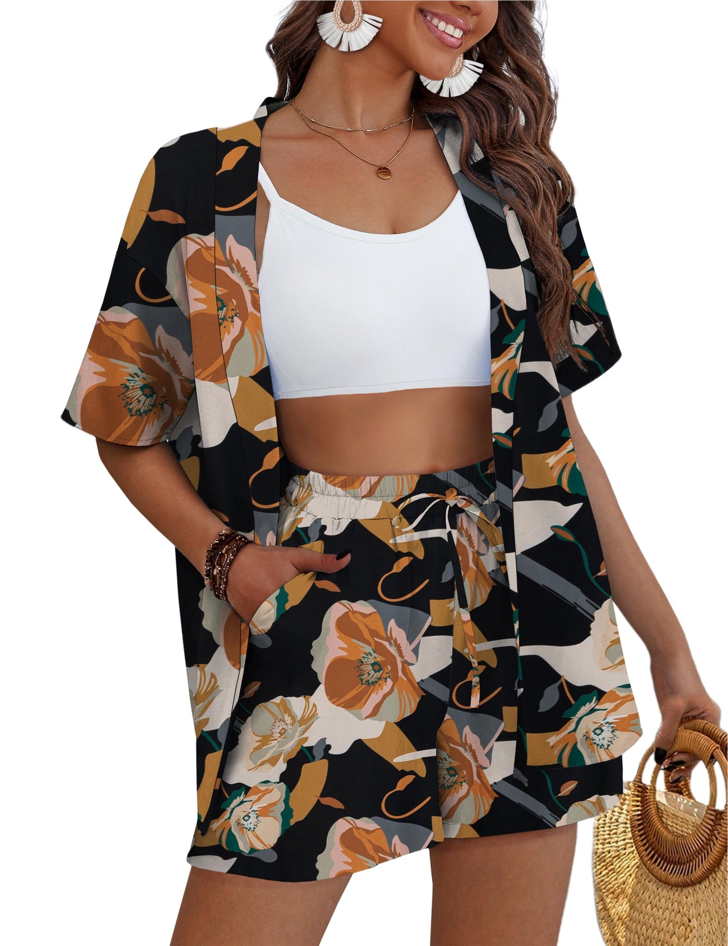 REDHOTYPE Women's 2 Piece Outfits Kimono Style Tropical Print Cover Ups Half Sleeve Blouse Shorts Set Summer Beachwear （S-XL）
