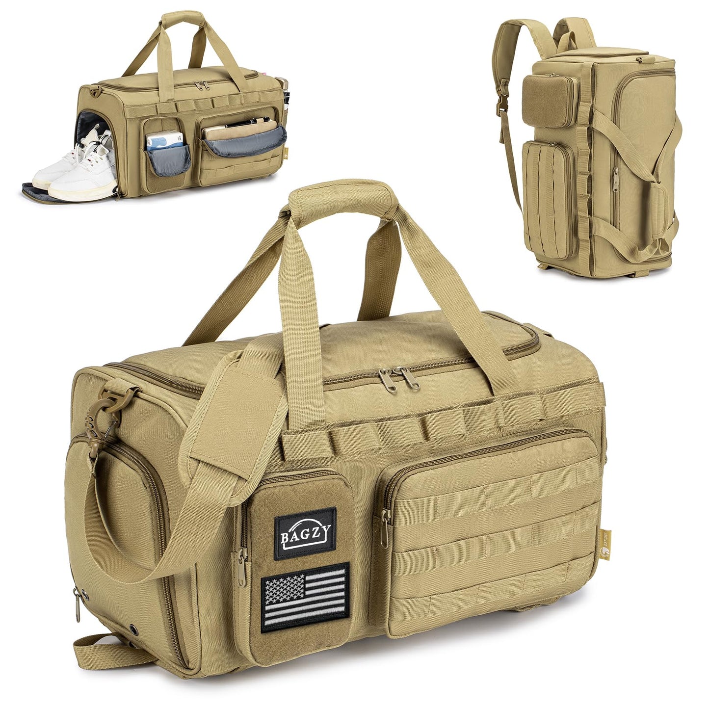 BAGZY 3 In 1 Tactical Military Travel Duffle Bag 40L with Shoe Compartment Gym Bag Backpack for Fitness Weekender Deployment Workout Black