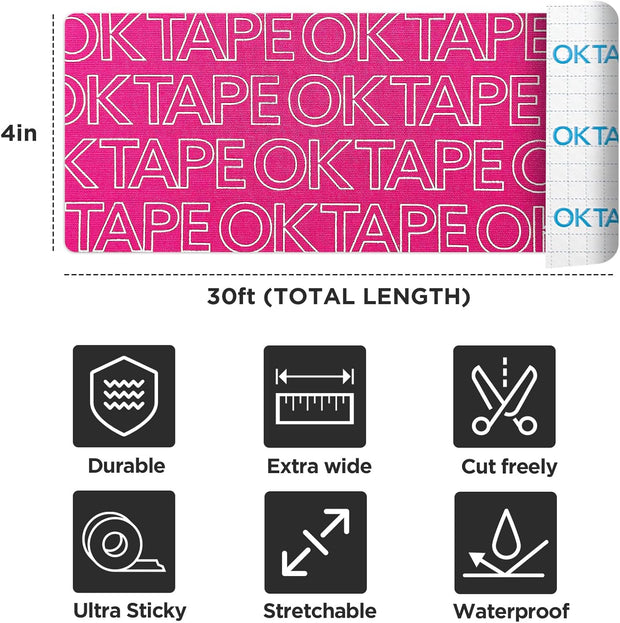 OK TAPE Turf Tape Football, Extra Wide Kinesiology Tape, Protects Arm from Turf Burn, Waterproof, Flexible, Super Sticky, White Athletic Tape (4 Inch x 30 Feet)