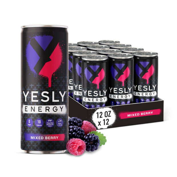 Yesly Energy Drink, Variety Pack, Naturally Flavored Sparkling Energy Drink With Electrolytes, Magnesium, Potassium, Vitamin C, B6 & B12, Natural Caffeine From Green Tea, 12 Fl Oz Cans, 12 Pack