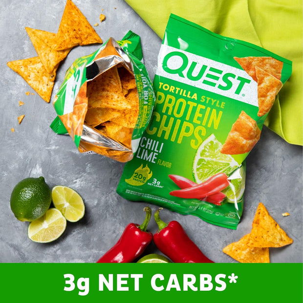 Quest Nutrition Chili Lime Tortilla Style Protein Chips, 20g Protein, 3g Net Carbs, Low Carb, Gluten Free, 1.1 oz (Pack of 12)