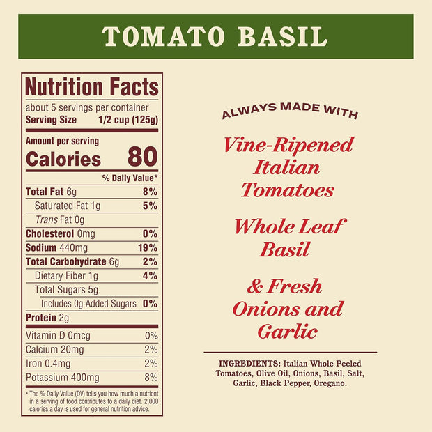 Rao's Homemade Tomato Basil Sauce, 24 oz, Tomato Sauce, All Purpose, Keto Friendly Pasta Sauce, Premium Quality, Tomatoes from Italy and Basil