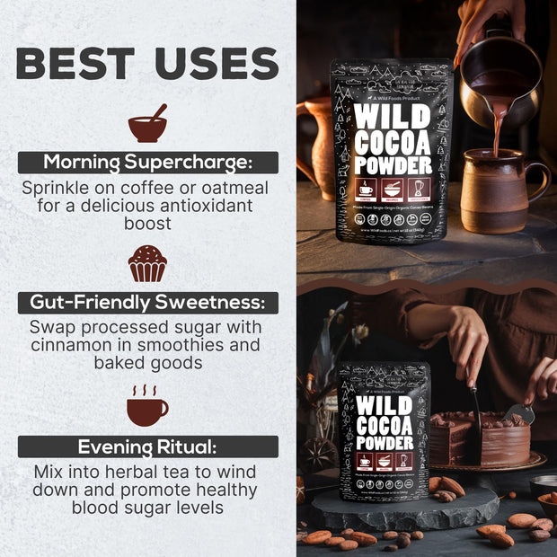 Wild Foods Organic Cocoa Powder | Single Origin Unsweetened Keto Chocolate Powder for Cooking & Baking | 100% Natural Cacao Beans | Sugar Free Non Dutch Raw Superfood | 12 oz