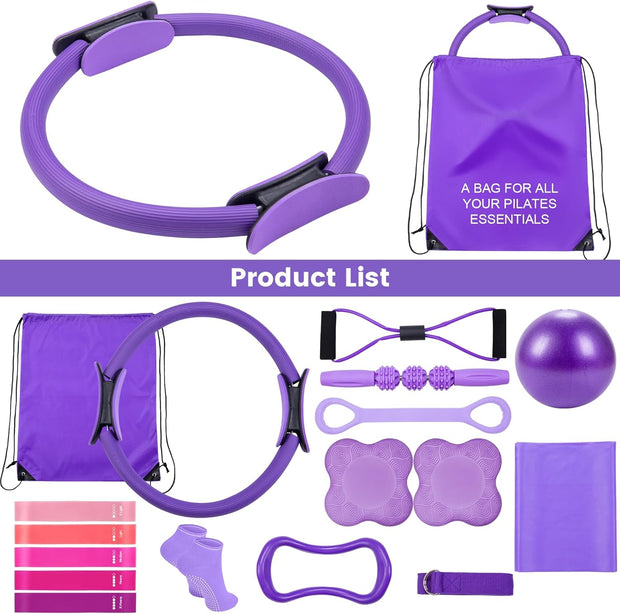 Pilates Ring Circle Fitness Set 17 pcs Equipment Accessories Workouts Includes Pilates Ball Magic Circle Yoga Ring Knee Pads and Resistance Bands for Women Set Gift for Women Weight Loss
