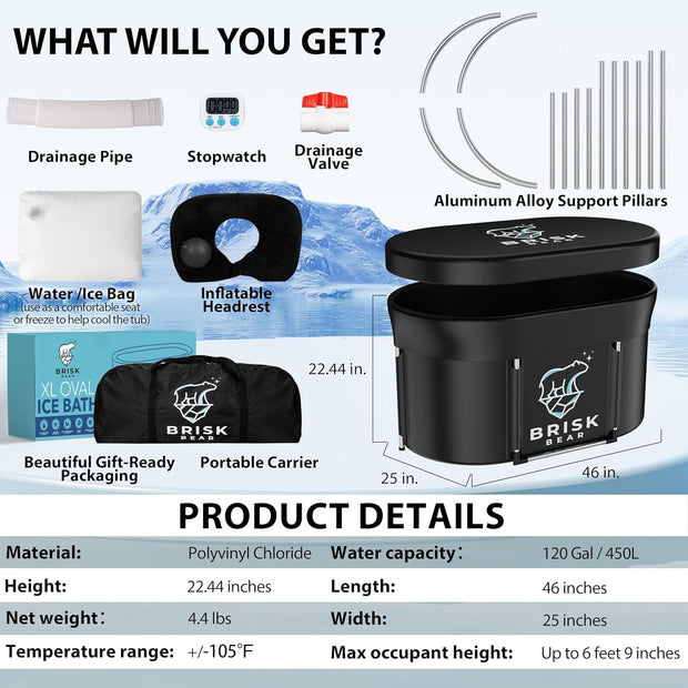XL Oval Ice Bath Tub for Athletes with Cover by Brisk Bear - Extra Large Cold Plunge Tub for Recovery - Ice Bath Plunge Pool with Digital Timer - Cold Plunge to Soothe Muscles - Black Ice Tub