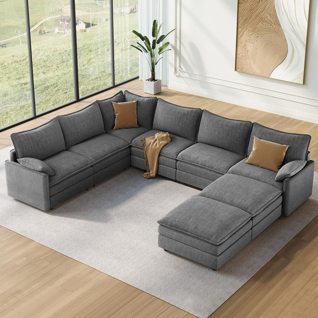 Vesgantti 108" Modular Sectional Sofa, Comfy Cloud Couch with Movable Ottoman Deep Seat Chenille L Shaped Modular Sofa, Sectional Couches for Living Room, Bedroom and Apartment, Beige