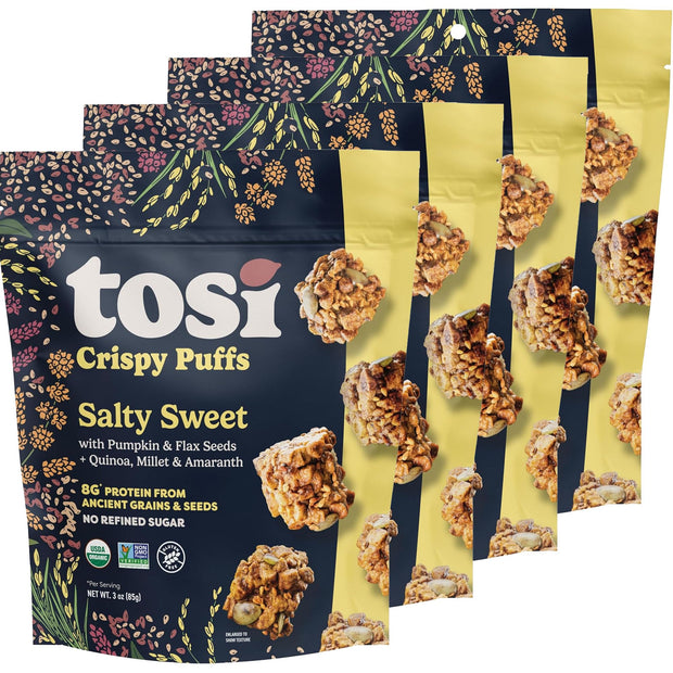 Tosi Crispy Puffs (3oz, 4 Pack), Vegan Crunchy Snacks, 8g Plant Based Protein, Nut-Free, Allergen Friendly, Healthy Snacks for Adults & Kids, Gluten Free Treats, Ancient Grains (Cinnamon Apple)