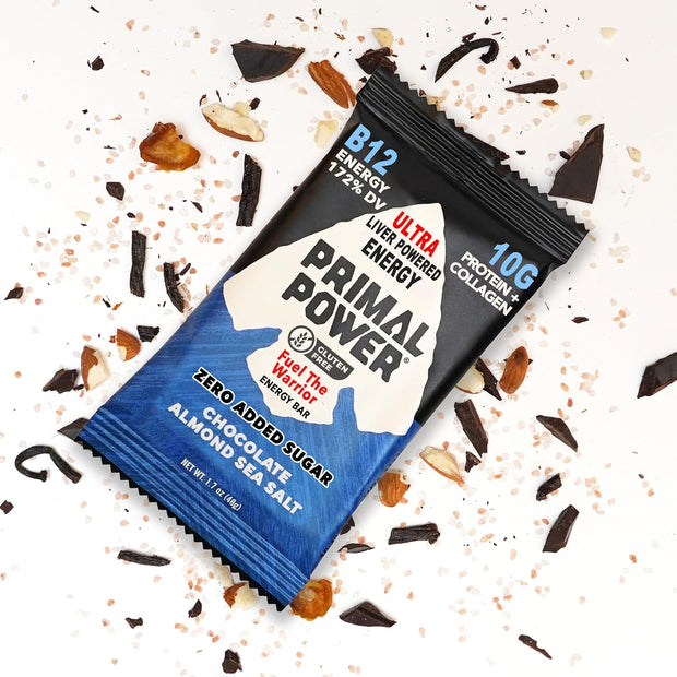 Primal Power Liver Powered Nutrition Bars - B12 Energy Boost, 10g Protein, Vitamins, Minerals, Collagen, Zero Added Sugar, Gluten Free - Pack of 12 (Chocolate Almond Sea Salt Flavor)