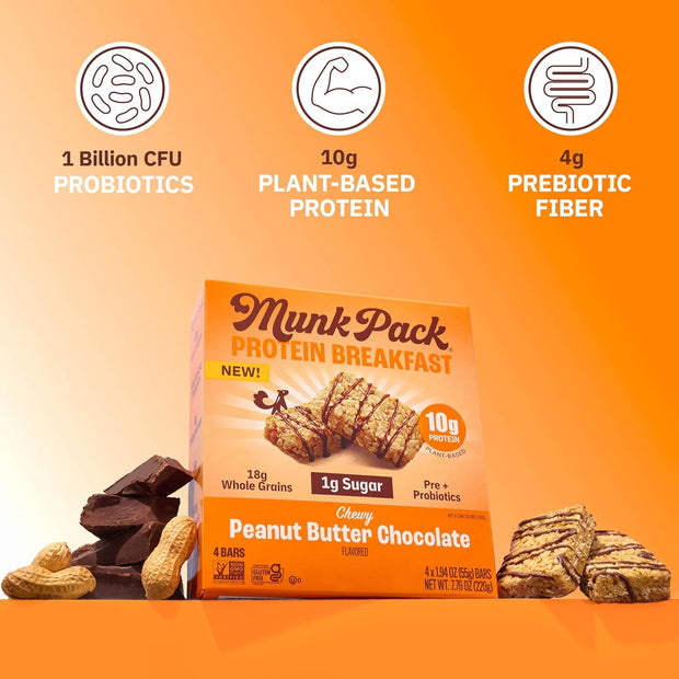 Munk Pack Peanut Butter Probiotic Protein Bars Stocking Stuffers | 10g Plant Protein, 1g Sugar, 6g Fiber | Diabetic-Friendly Ideal Breakfast Bars - On-the-Go Snacks, Gluten-Free, Non-GMO | 12 Count