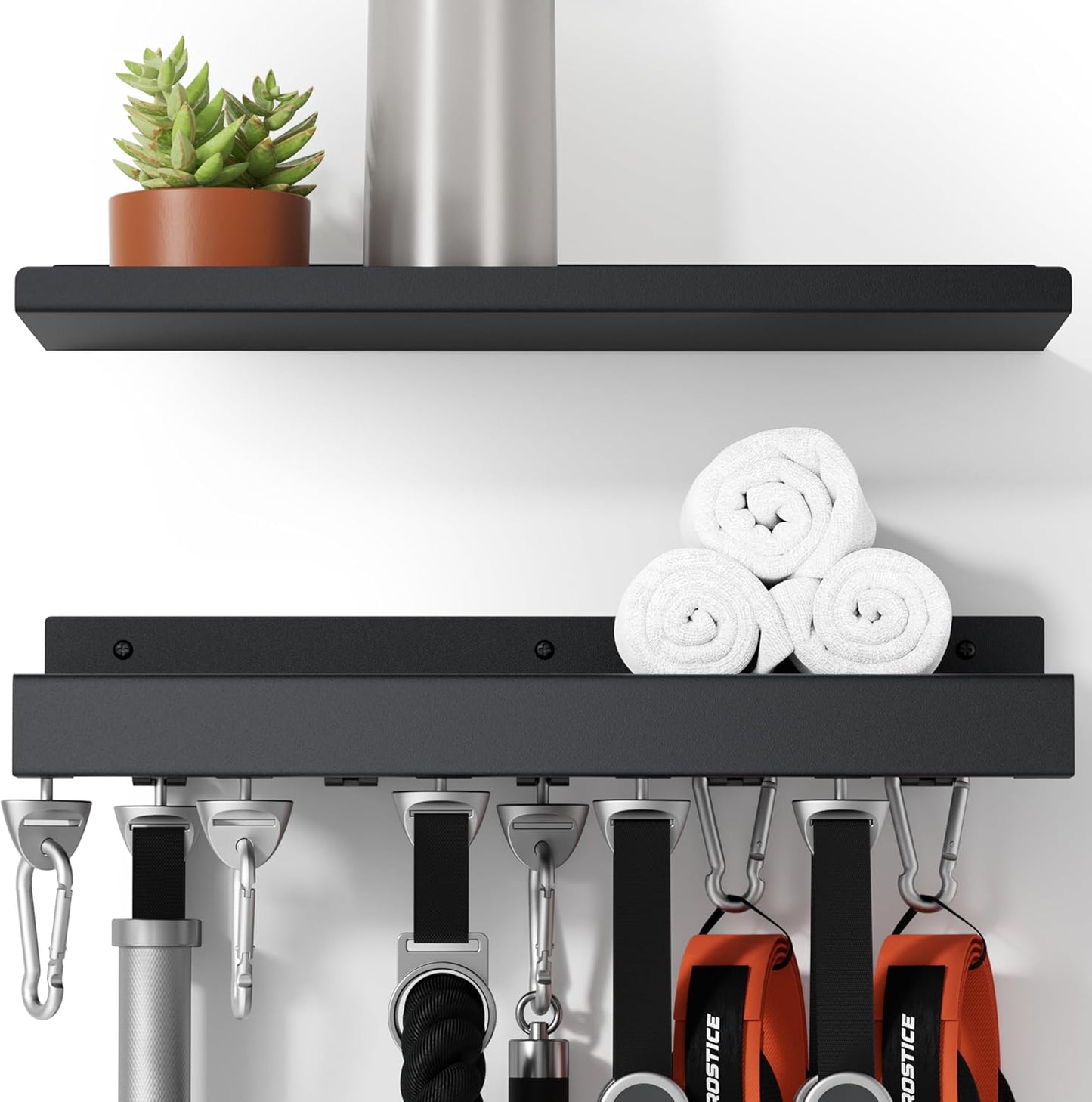 2-Tier Metal Shelf Compatible with Tonal Accessories, Floating Shelf Organizer for Home Gym Storage, T-Locks Adapter Bracket Hanger, Gym Rack Wall Mounted with Hooks, Workout Storage Holder