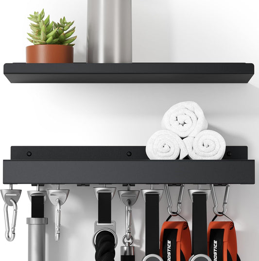 2-Tier Metal Shelf Compatible with Tonal Accessories, Floating Shelf Organizer for Home Gym Storage, T-Locks Adapter Bracket Hanger, Gym Rack Wall Mounted with Hooks, Workout Storage Holder