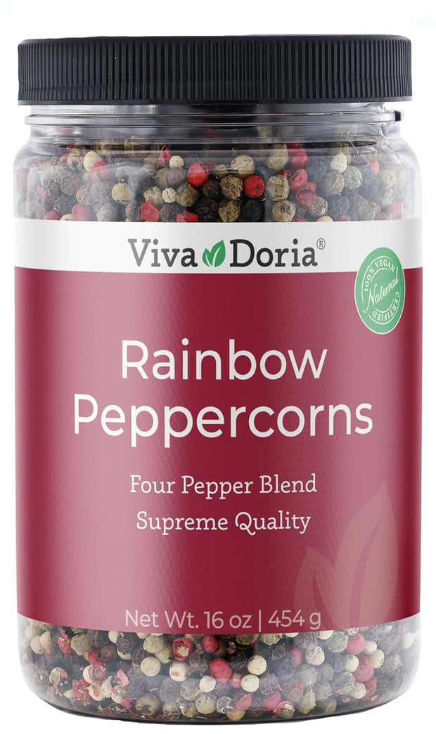 Viva Doria Rainbow Blend Peppercorn, Steam Sterilized Whole Black/Green Pepper, Whole Pink/White Pepper, 16 Oz, For Grinder Refills