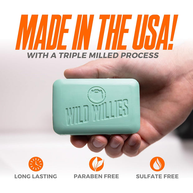 Wild Willies Moisturizing Mens Bar Soap - Bath Soaps with Shea Butter for Odor Protection - Natural Body Bar for Men - River Mist Scent, 3 Pack