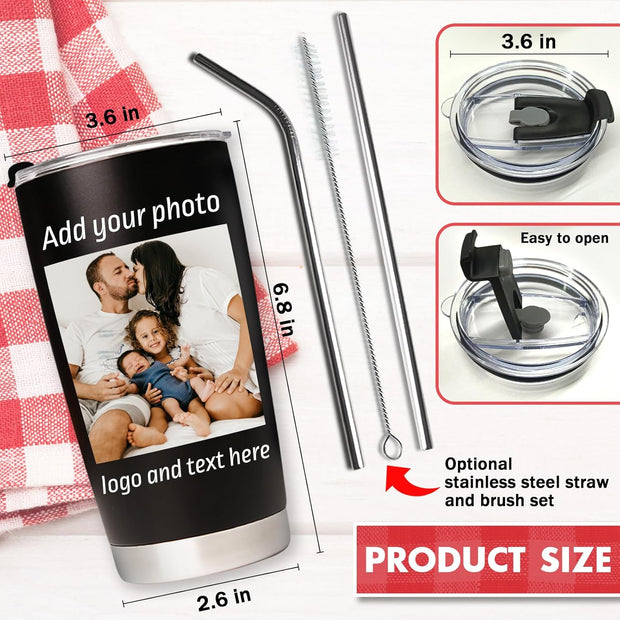 Personalized Coffee Tumbler with Pictures Text Logo Name, Custom Stainless Steel Tumbler with Lid and Straw, Coffee Travel Mug Cups, 20oz Personalized Birthday Gifts for Women Men Office