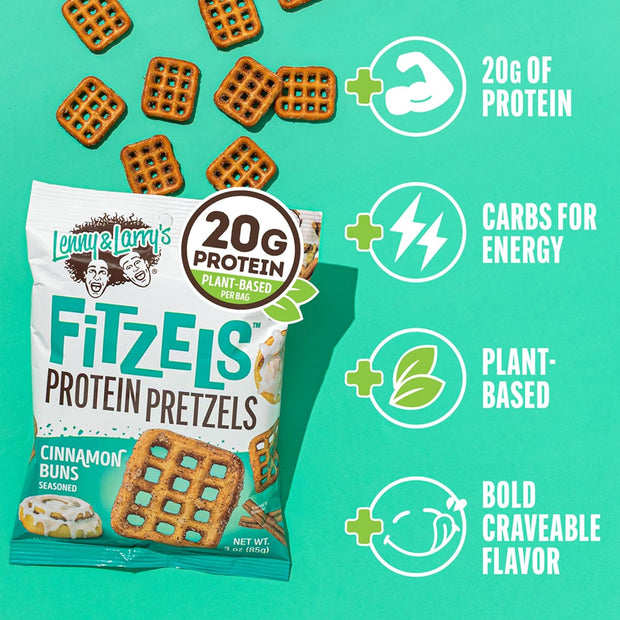 Lenny & Larry's FITZELS Protein Pretzels (Cinnamon Buns) 8 Individual Bags 3 oz Each – High Protein Snacks with 20g of Plant Based Protein – Healthy Vegan Pretzels – Delicious Salty Taste