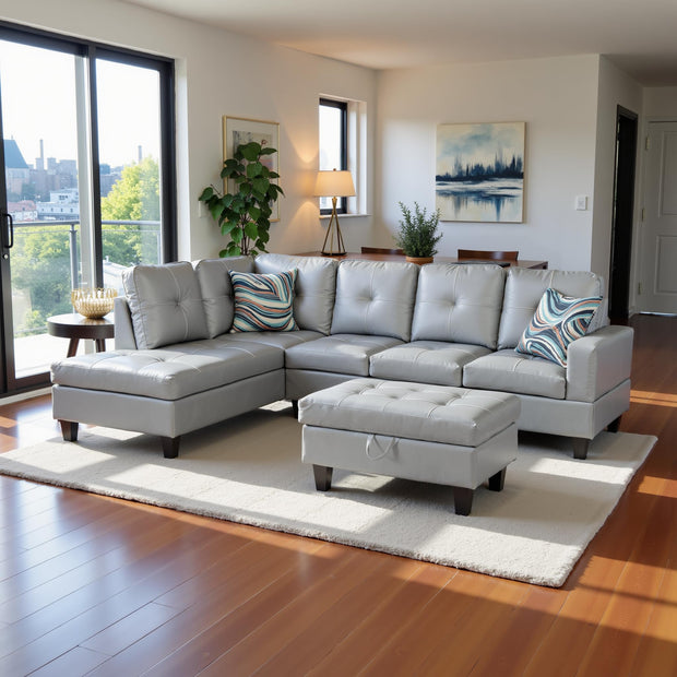 Sectional Couch 103.5" L Shaped Couch Comfy Futon Bed Upholstered Faux Leather 3 Pieces Living Room Furniture Sets with Ottoman and High Density Sponges for Living Room, White