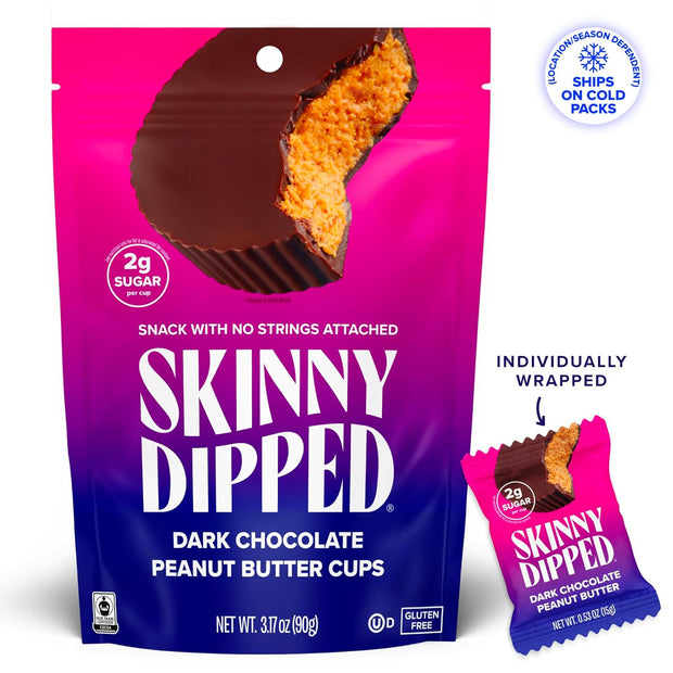 SkinnyDipped Dark Chocolate Peanut Butter Cups, 2g Sugar per Cup, Keto Friendly, Low Carb, Gluten Free, 3.2oz, 4 Pack (24 Cups Total)