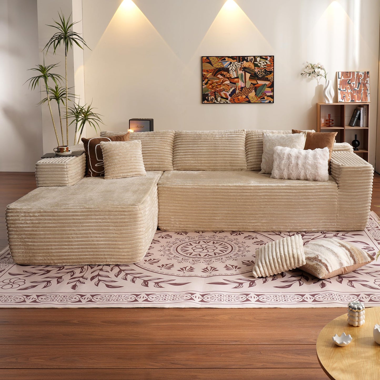 ovios Sectional Cloud Couch for Living Room, Modular Floor Sofa with Plush Corduroy, No Assembly Required, Big Comfy Couches Set with Fluffy Memory Foam, Stupendous U Shaped Sofas with Chaise, Brown