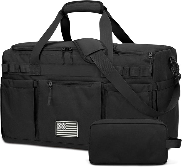 ZOMFELT Gym Bag for Men Women, Tactical Travel Duffel bag with Removable Dividers & Shoe Compartment, Weekender Carry on Bag with Toiletry Bag, Overnight Range Bag for Workout Soccer Yoga Gym, Black