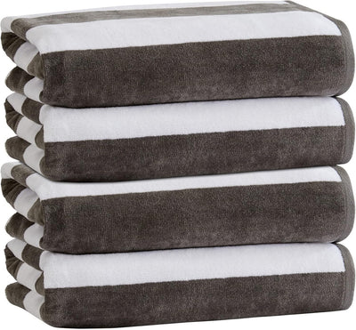 100% Cotton Velour Cabana Stripe Beach Towel Set 30" x 60" - Ultra Soft, Plush, & Highly Absorbent Towels for Pool, Beach, & Swimming. Marina Collection (4-Pack, Charcoal)