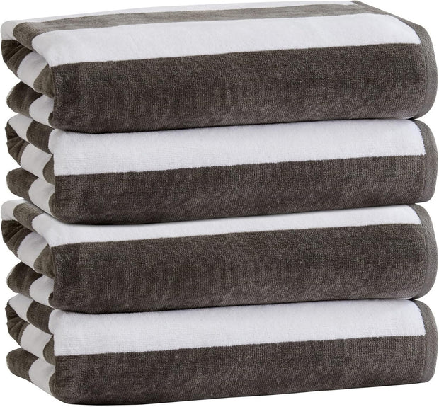 100% Cotton Velour Cabana Stripe Beach Towel Set 30" x 60" - Ultra Soft, Plush, & Highly Absorbent Towels for Pool, Beach, & Swimming. Marina Collection (4-Pack, Charcoal)