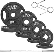 Olympic Cast Iron 2-Inch Weight Plates Including 5FT Olympic Barbell Bar & Safely Locks, 100 Pounds Set (85 lbs Plates + 15 lbs Barbell Bar), Multiple Packages