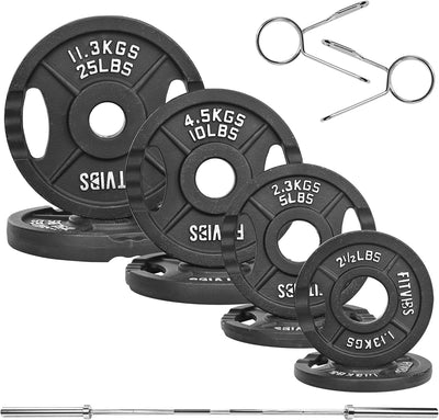 Olympic Cast Iron 2-Inch Weight Plates Including 5FT Olympic Barbell Bar & Safely Locks, 100 Pounds Set (85 lbs Plates + 15 lbs Barbell Bar), Multiple Packages