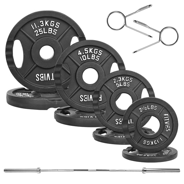 Olympic Cast Iron 2-Inch Weight Plates Including 5FT Olympic Barbell Bar & Safely Locks, 100 Pounds Set (85 lbs Plates + 15 lbs Barbell Bar), Multiple Packages