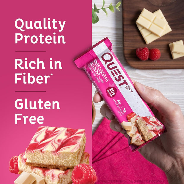 Quest Nutrition White Chocolate Raspberry Protein Bars, 20g Protein, 1g Sugar, 5g Net Carb, High Fiber, Gluten Free, Keto Friendly, 4 Count