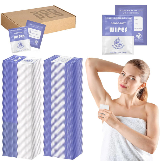 Timgle 200 Count Deodorant Wipes Bulk Individually Wrapped Travel Size Wipes for Men Women Body Underarm Deodorant Remove Sweat Sports Travel Clean Skin Daily Use Female Male(Purple)