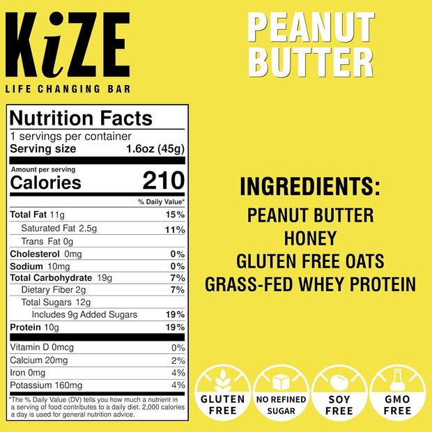 KiZE Energy Bars - Peanut Butter - Gluten Free, Non-GMO, and High Protein Meal Replacement Energy Bars, Clean and Simple Food Ingredients - 10g High Protein Snacks, (10 Count)