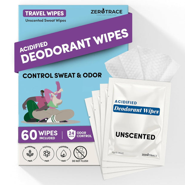 Zero Trace Travel Deodorant Wipes - 60 Count- 24 Hour Odor Control - Aluminum Free Hypoallergenic Deodorant For Women and Men - Individually Wrapped Underarm & Body Wipes - Uscented Bare Fresh