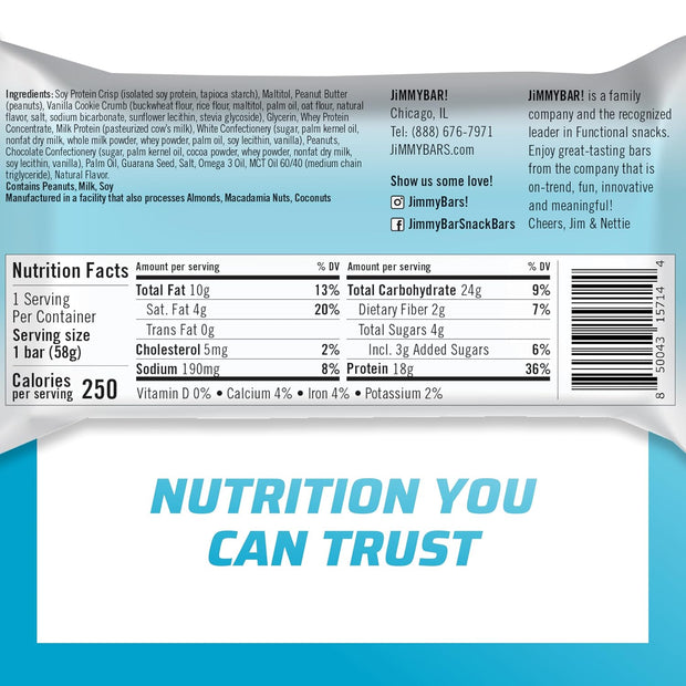 JiMMYBAR! - Golden Vanilla Cookies 'N Cream - 18g Protein Bars - Low 4g Sugar - 12 Count - Real Peanut Butter Base with Hand-Drizzled Chocolate 58g Protein Bar - Functional Meal Replacement Bars