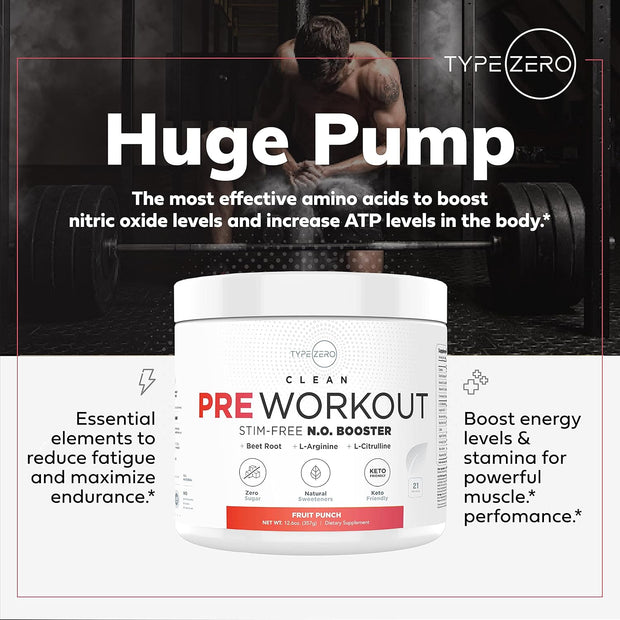 Ultra Clean Stim Free Pump Pre Workout + Nitric Oxide Booster (Fruit Punch) Beetroot, 7G Arginine Citrulline Malate, Betaine, Beta A, ACV+ - Sugar/Caffeine Free Natural Non Stim Preworkout Men & Women