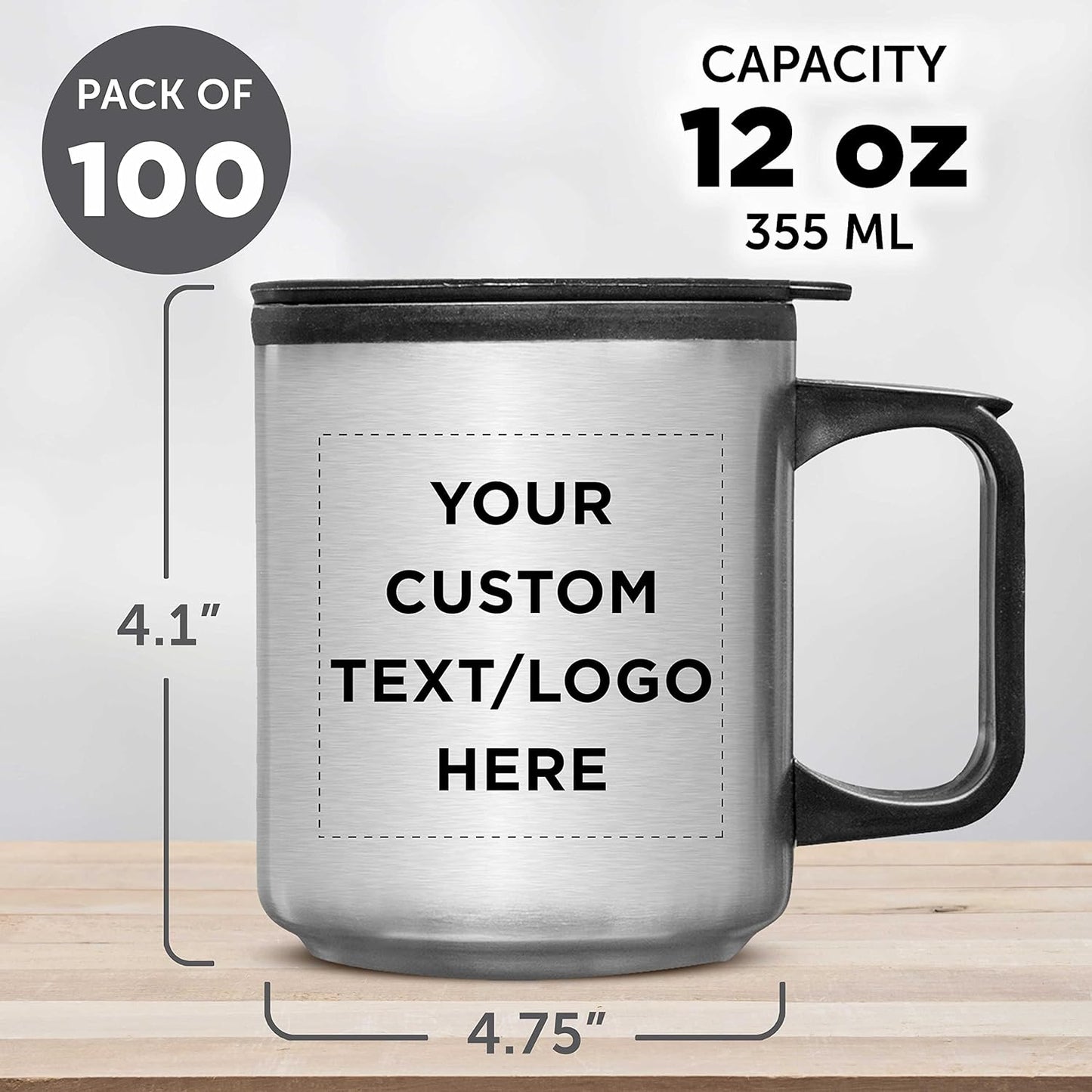 DISCOUNT PROMOS Custom Stainless Steel Travel Mugs with Handle 12 oz. Set of 100, Personalized Bulk Pack - Perfect for Coffee, Soda, Other Hot & Cold Beverages - Stainless Steel