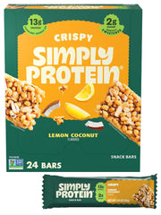 Simply Protein - Lemon Coconut Crispy Bars - Plant Based Protein Bars - Low Carb, Low Sugar, High Fiber - 13g Protein, 2g Sugar, 7g Fiber - Vegan, Gluten Free, Non GMO, Kosher - 24 Bars