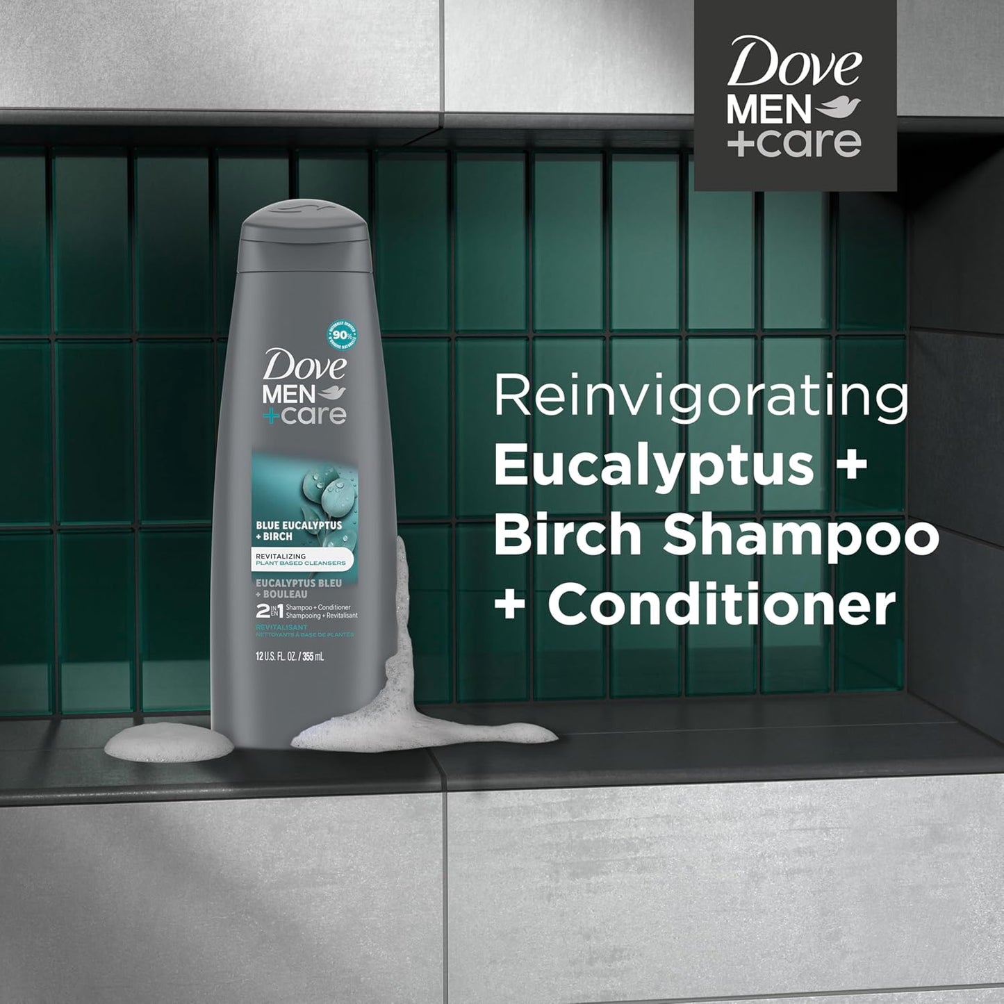 DOVE MEN + CARE 2 in 1 Shampoo & Conditioner Eucalyptus & Birch For Healthy-Looking Hair Naturally Derived Plant Based Cleansers 12 oz
