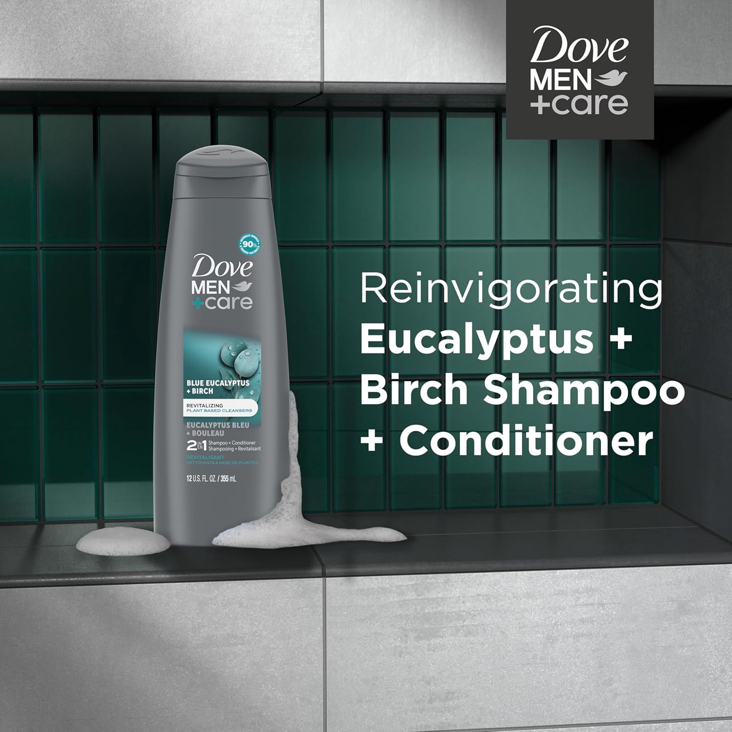 DOVE MEN + CARE 2 in 1 Shampoo & Conditioner Eucalyptus & Birch For Healthy-Looking Hair Naturally Derived Plant Based Cleansers 12 oz