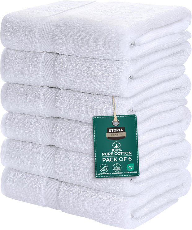 Utopia Towels 6 Pack Small Bath Towel Set, 22 by 44 Inches, 500 GSM 100% Ring Spun Cotton, Lightweight and Highly Absorbent Quick Drying Premium Towels for Hotel, Spa and Bathroom, White