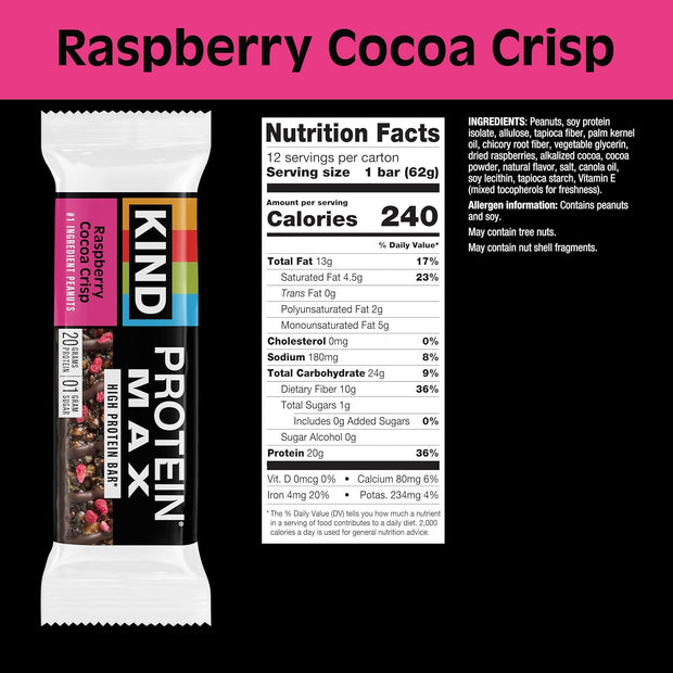 KIND Protein MAX Variety Pack, 4 Flavors, High Protein Keto Snack Bars, 20g Protein, Low Sugar (0g Added), Gluten Free, 12 Bars