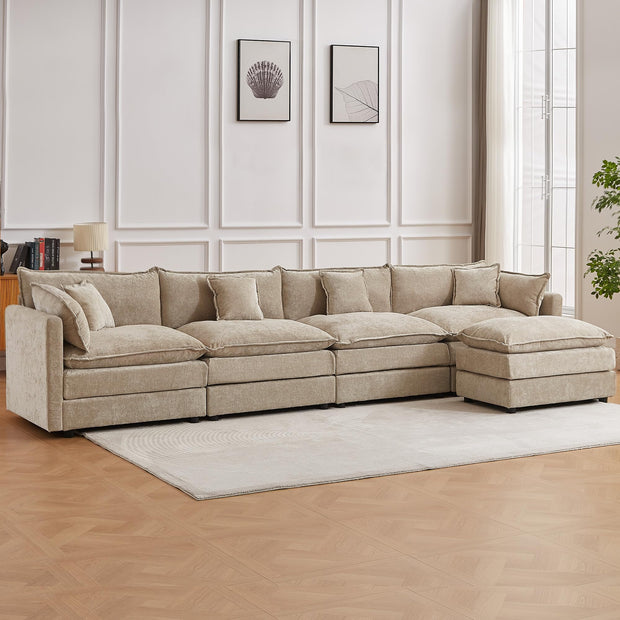 Modular Sectional Sofa, 112.2 Inch L Shaped Couch Set with Armrests, 3-Seater Comfy Cloud Couches with Movable Ottoman for Living Room Apartment, Coffee with 1 Ottoman