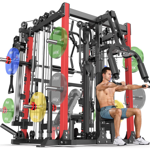 Smith Machine with Cable Crossover System, Multi-Function Squat Rack Power Cage for Home Gym, Power Rack and Packages Weight Sets