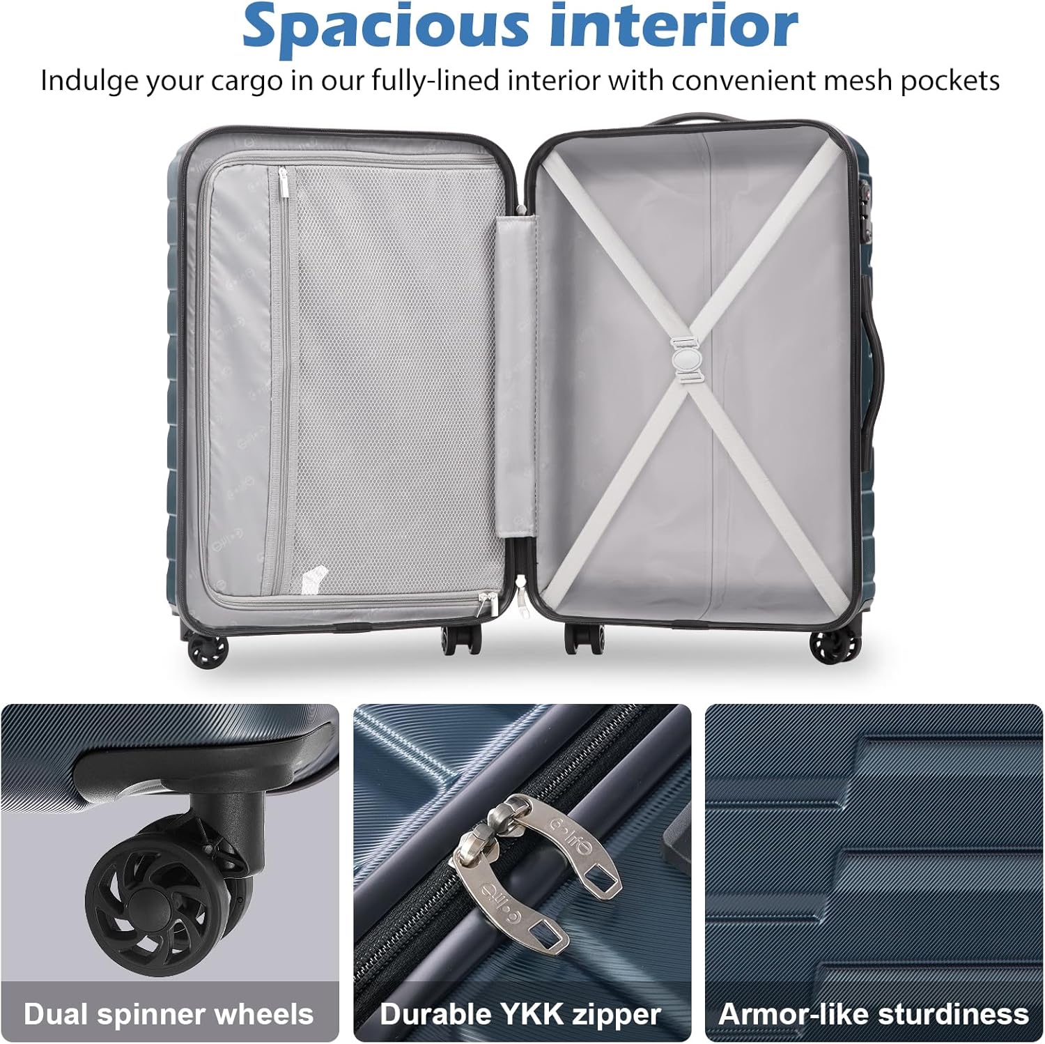 COOLIFE Expandable Suitcase PC ABS TSA Luggage 3 Piece Set Lock Spinner Carry on (Teal blue)